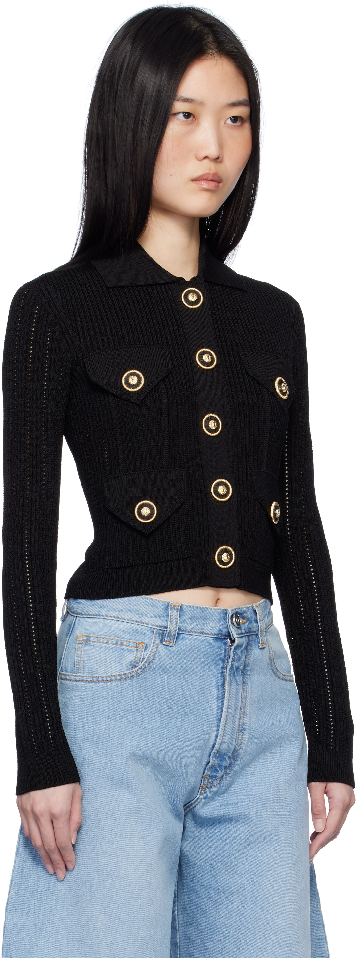 Пуловер Balmain Cropped Ribbed Cardigan Черно | EF1KL150KI10, 1