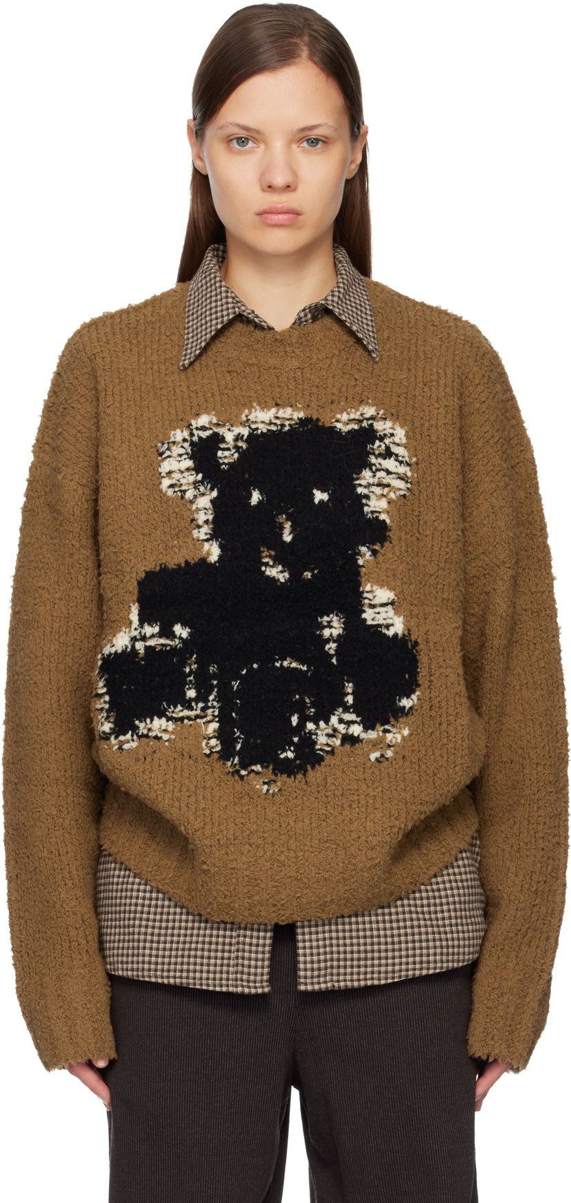 Пуловер Acne Studios Bouclé Crewneck Sweater Teddy Bear Graphic Кафяво | A60601-