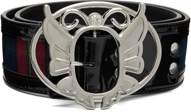 Chopova Lowena Tartan & Patent Leather Belt with Crystal-Embellished Winged Buckle