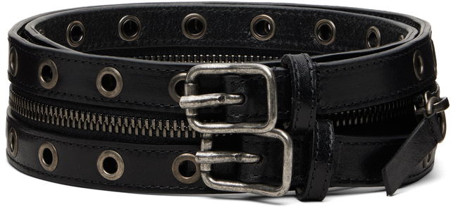 Leather Eyelet Zipper Belt with Double Buckle
