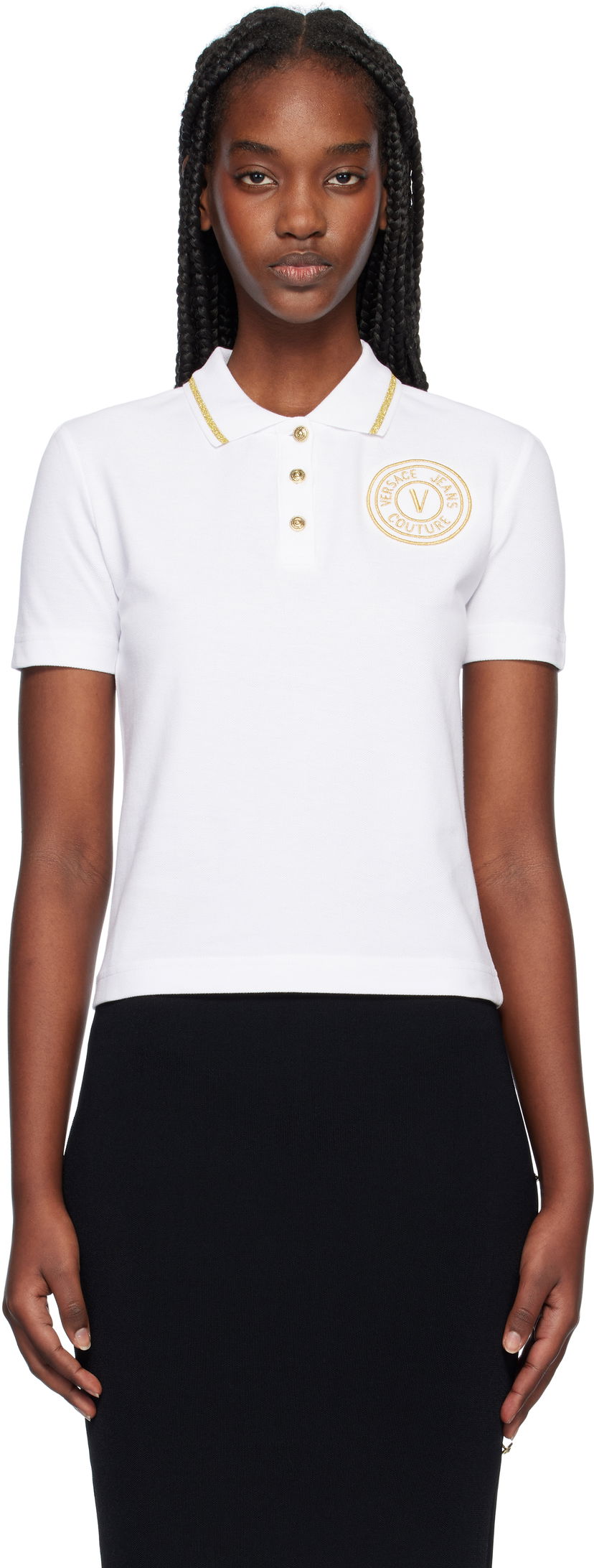 Поло тениска Versace White Cropped Polo with Gold Emblem Бяло | E77HAGT00_ECJ01T