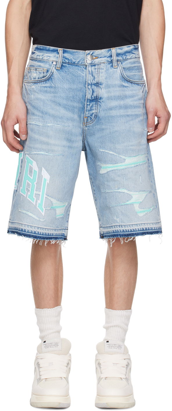 Къси панталони AMIRI Blue Embroidered Varsity Logo Repair Denim Shorts Тюркоазено | AMDNSH1013