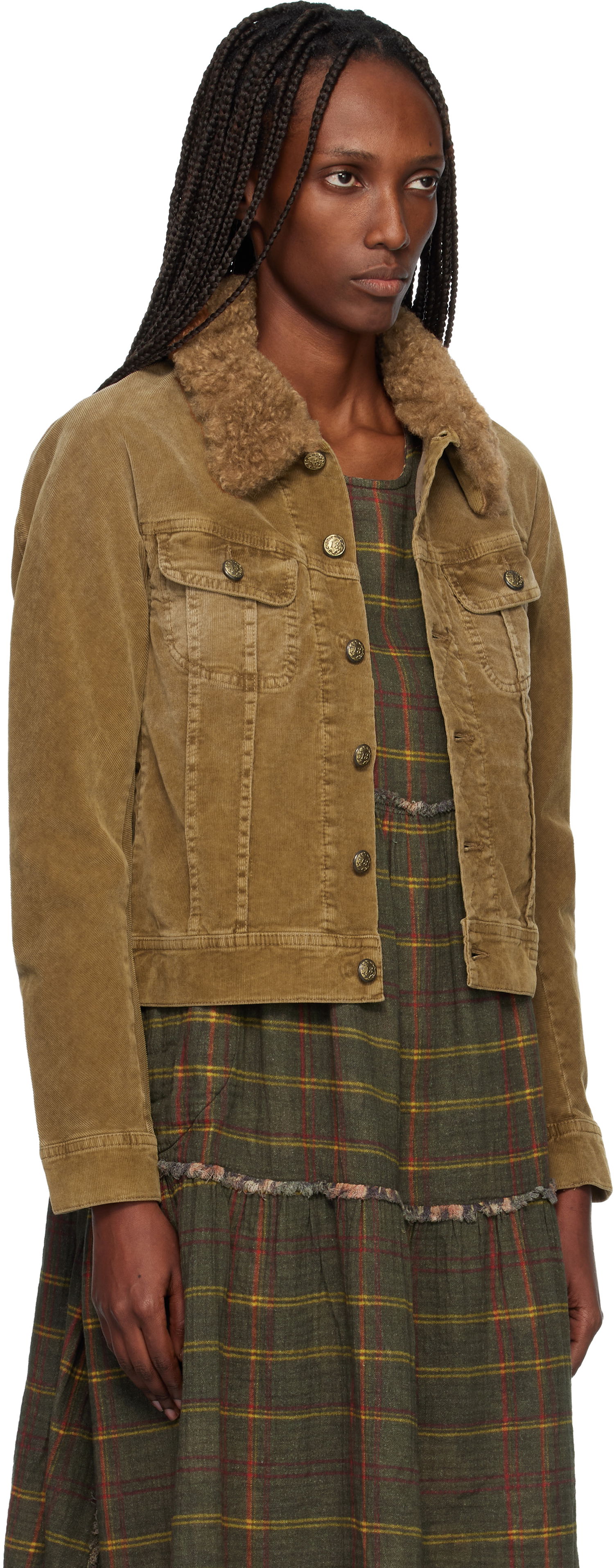 Яке R13 Skinny Corduroy Trucker Jacket with Faux Fur Collar Кафяво | R13WD206-D363A, 1