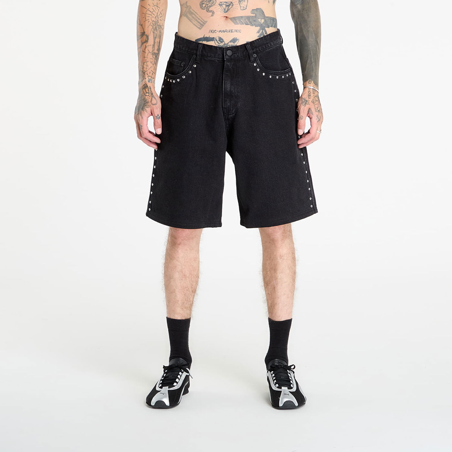 Къси панталони Pleasures PLEASURES Daft Club Lucky Studded Denim Shorts Черно | P25DP005-BLACK, 0