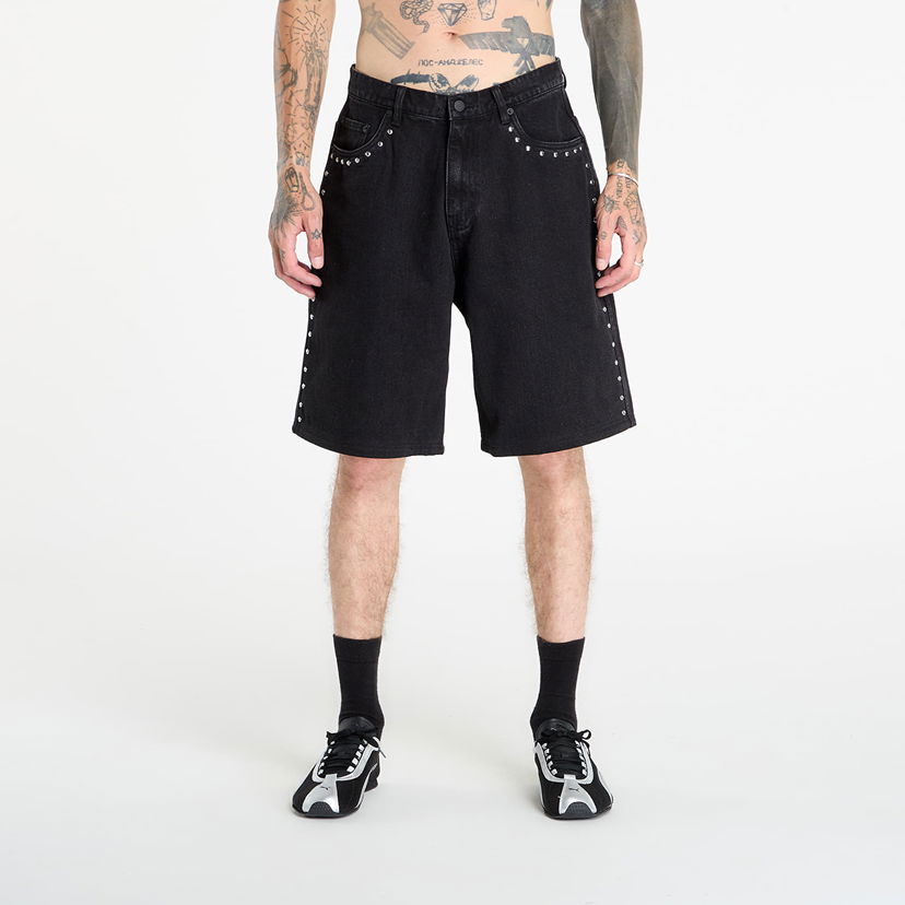 Къси панталони Pleasures PLEASURES Daft Club Lucky Studded Denim Shorts Черно | P25DP005-BLACK