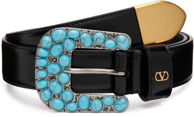 VLogo Signature Brushed Calfskin Belt with Turquoise Stone Buckle