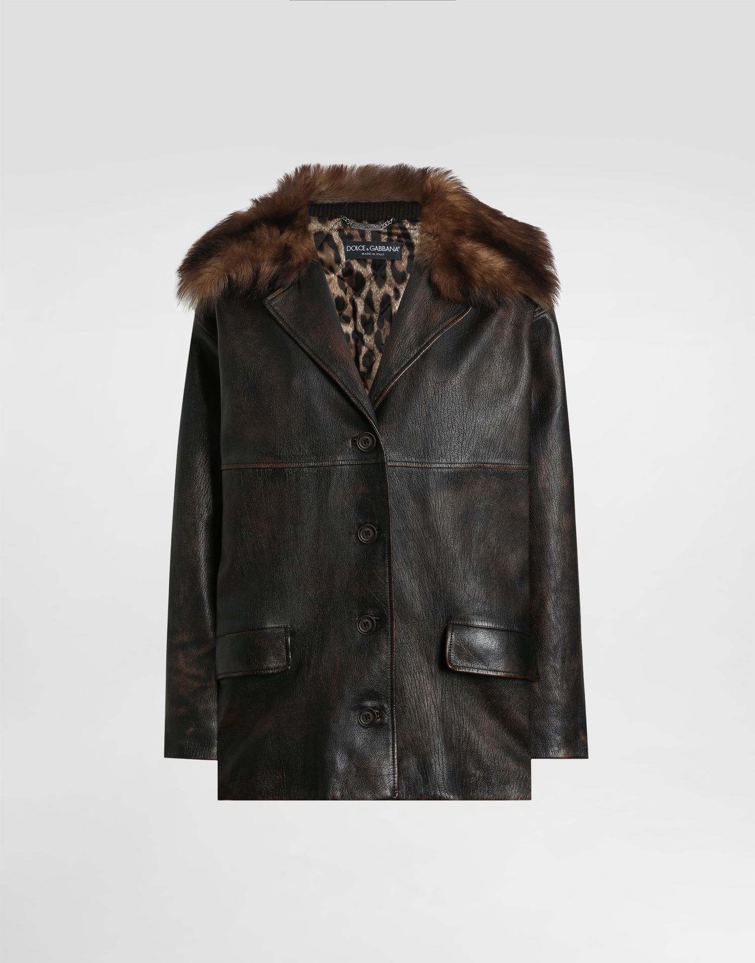 Яке Dolce & Gabbana Dolce & Gabbana Leather Jacket with Fur Collar and Leopard Print Lining Кафяво | F9S72LHULXVM0022, 0