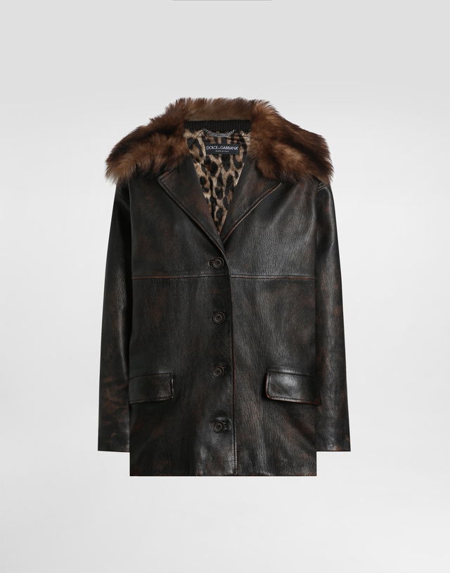 Dolce & Gabbana Leather Jacket with Fur Collar and Leopard Print Lining