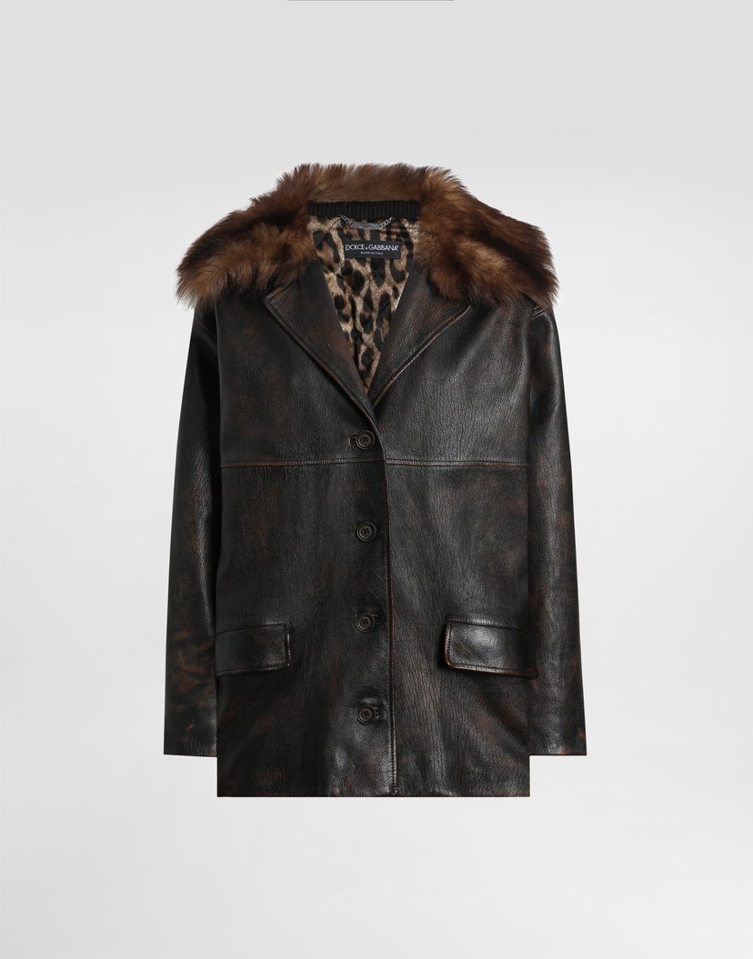 Яке Dolce & Gabbana Dolce & Gabbana Leather Jacket with Fur Collar and Leopard Print Lining Кафяво | F9S72LHULXVM0022