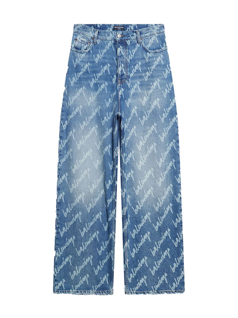 Панталони Balenciaga All Over Logo Large Fit Denim Trousers Синьо | 675230TJW904200