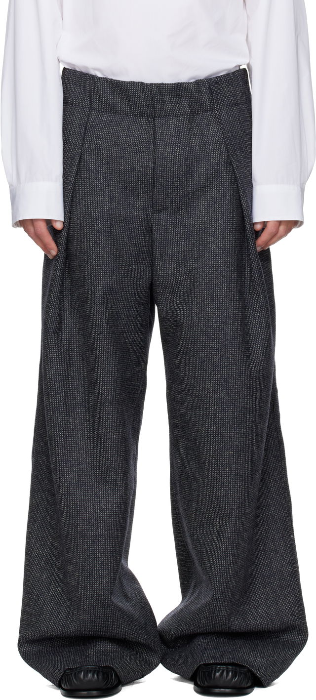 Pleated Wide-Leg Wool Trousers with Textured Weave