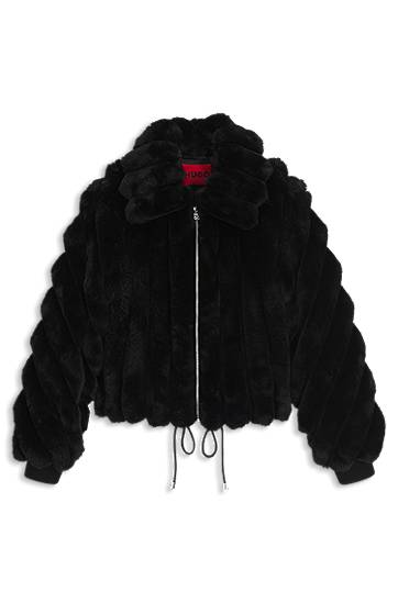 Яке BOSS Cropped Faux-Fur Jacket with Adjustable Drawstring Hem and Full Zip Черно | 50546815