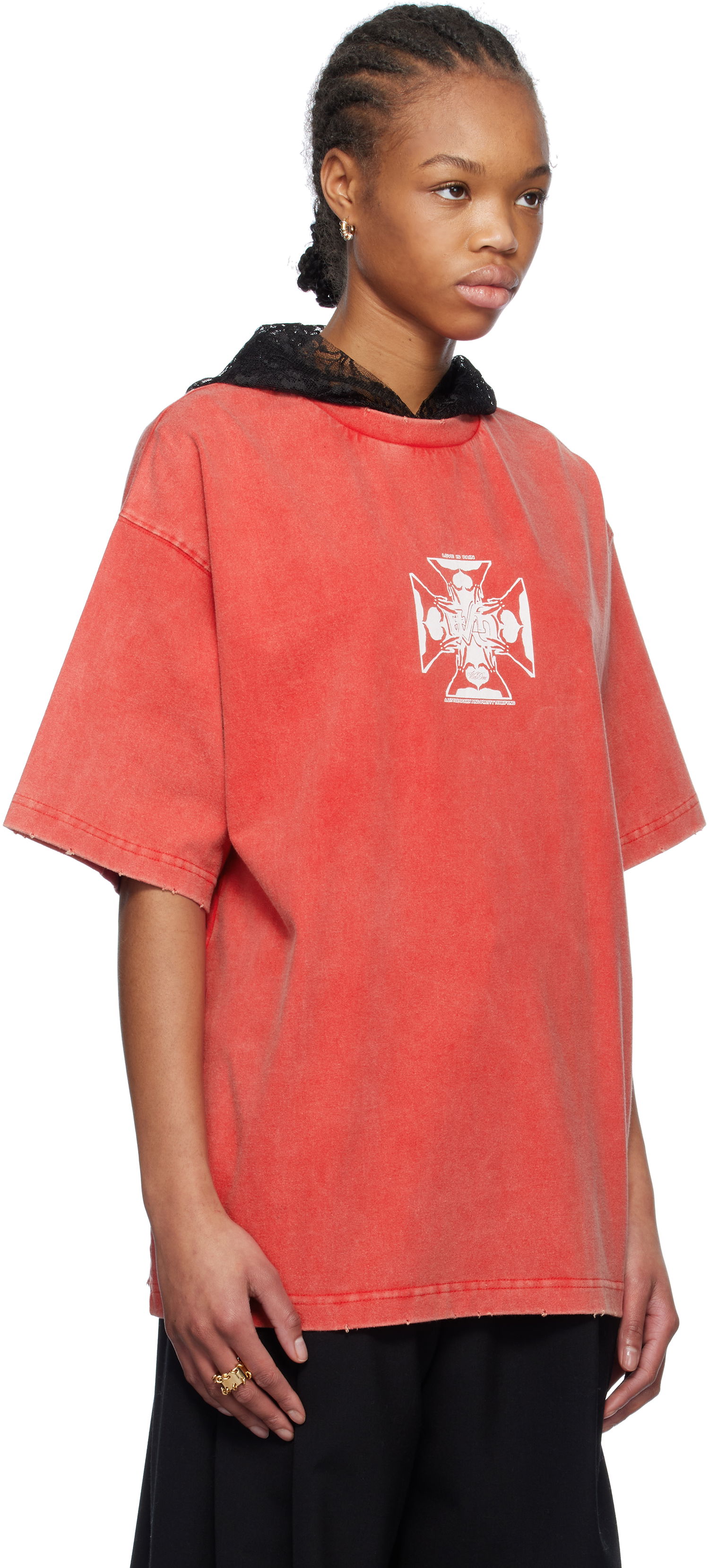 Тениска We11done We11done Heart Cross Hooded T-Shirt Червено | WD-TH0-25-842-U-RD, 1
