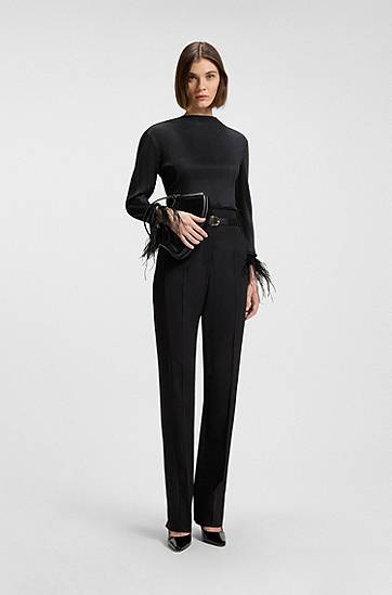 Пуловер BOSS Plissé Jacquard Top with Detachable Feather Cuff Trims Черно | 50548647, 1