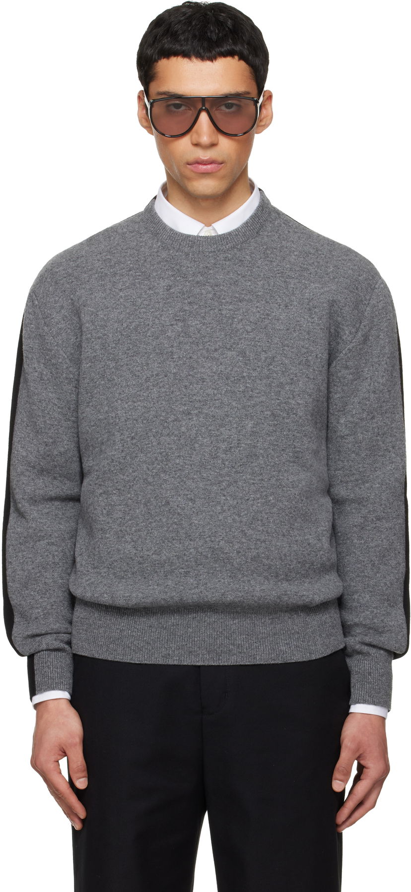 Пуловер FERRAGAMO Cashmere Blend Crewneck Sweater with Side Stripes Сиво | 788004