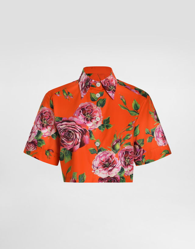 Dolce & Gabbana Cropped Cotton Shirt with Rose Print