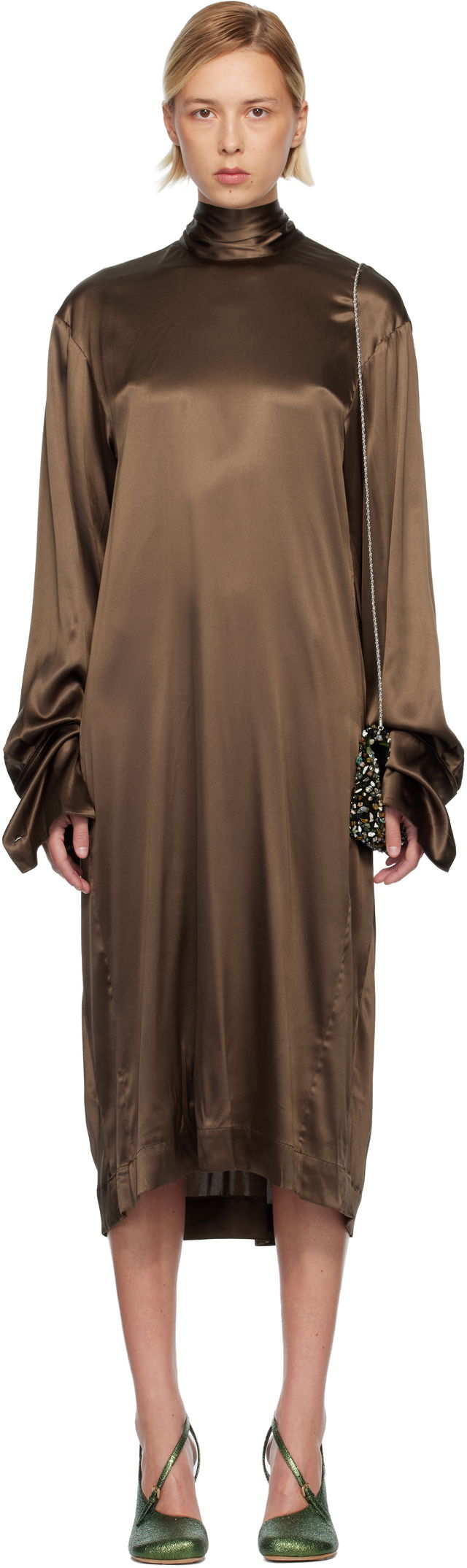 Dries Van Noten Silk High-Neck Long-Sleeve Midi Dress