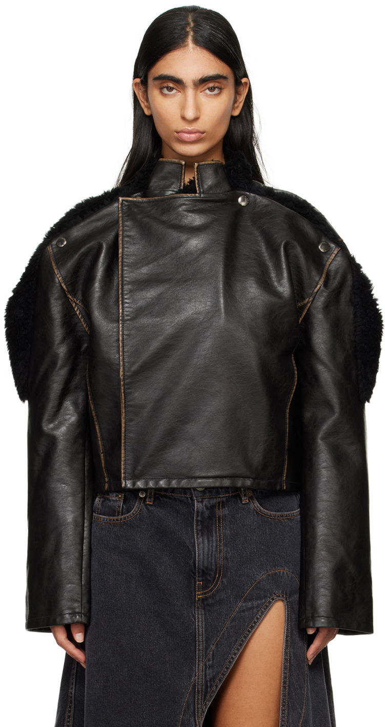 Яке Y/PROJECT Brown Collapsed Shoulder Faux-Leather Jacket Черно | 109JA001