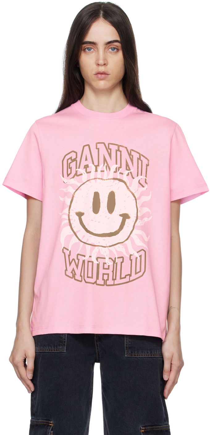 Тениска GANNI GANNI Smiley Graphic T-Shirt Розово | T3294