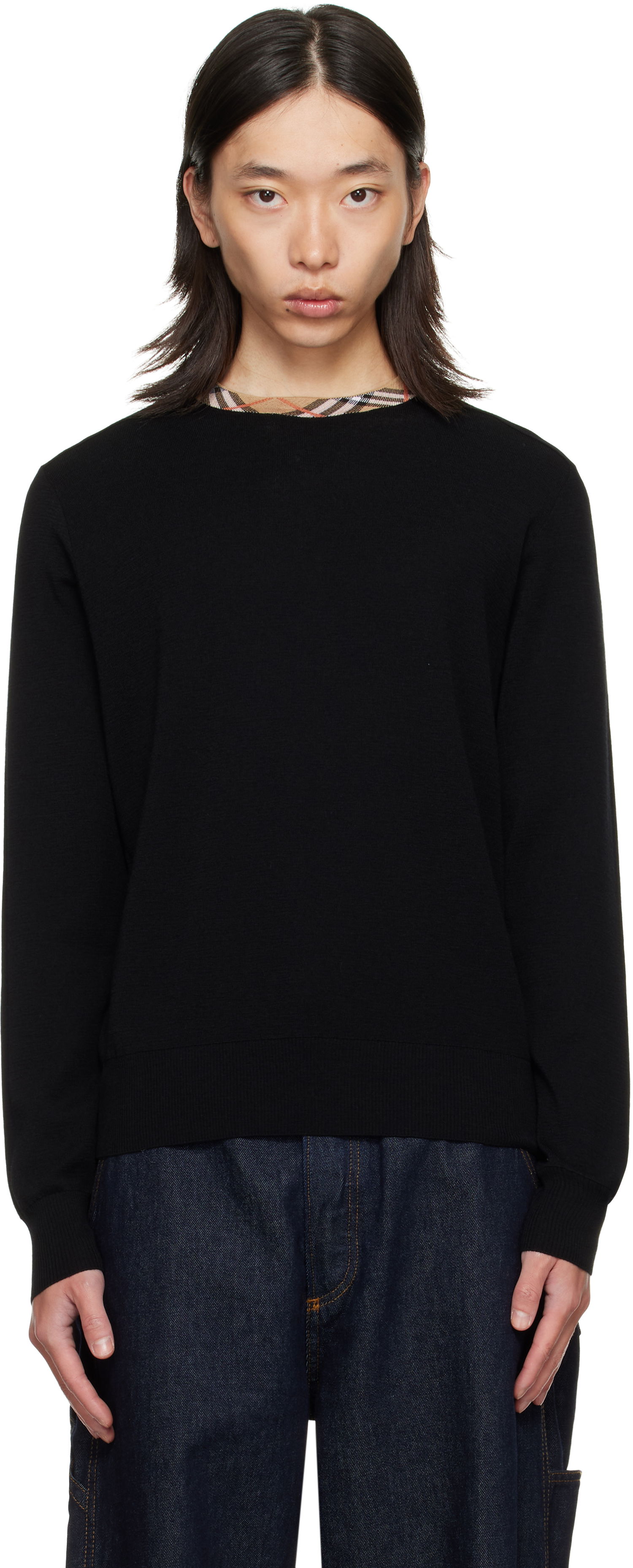 Пуловер Burberry Burberry Check Trim Wool Sweater Черно | 8112148, 0