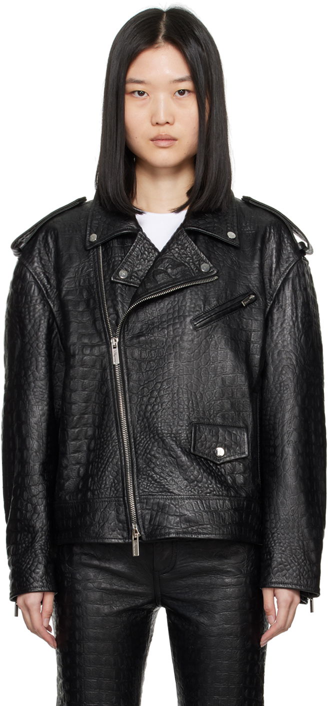 Яке Blumarine Black Crocodile-Effect Leather Jacket Черно | A422L061A