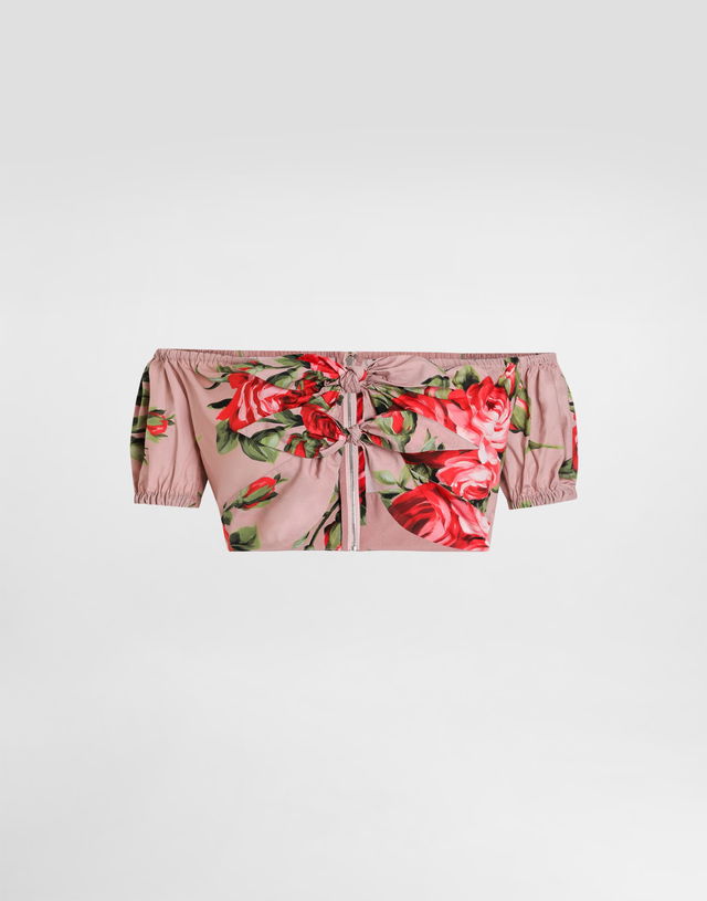 Rose Bouquet-print Cotton Off-the-Shoulder Cropped Top with Front Ties