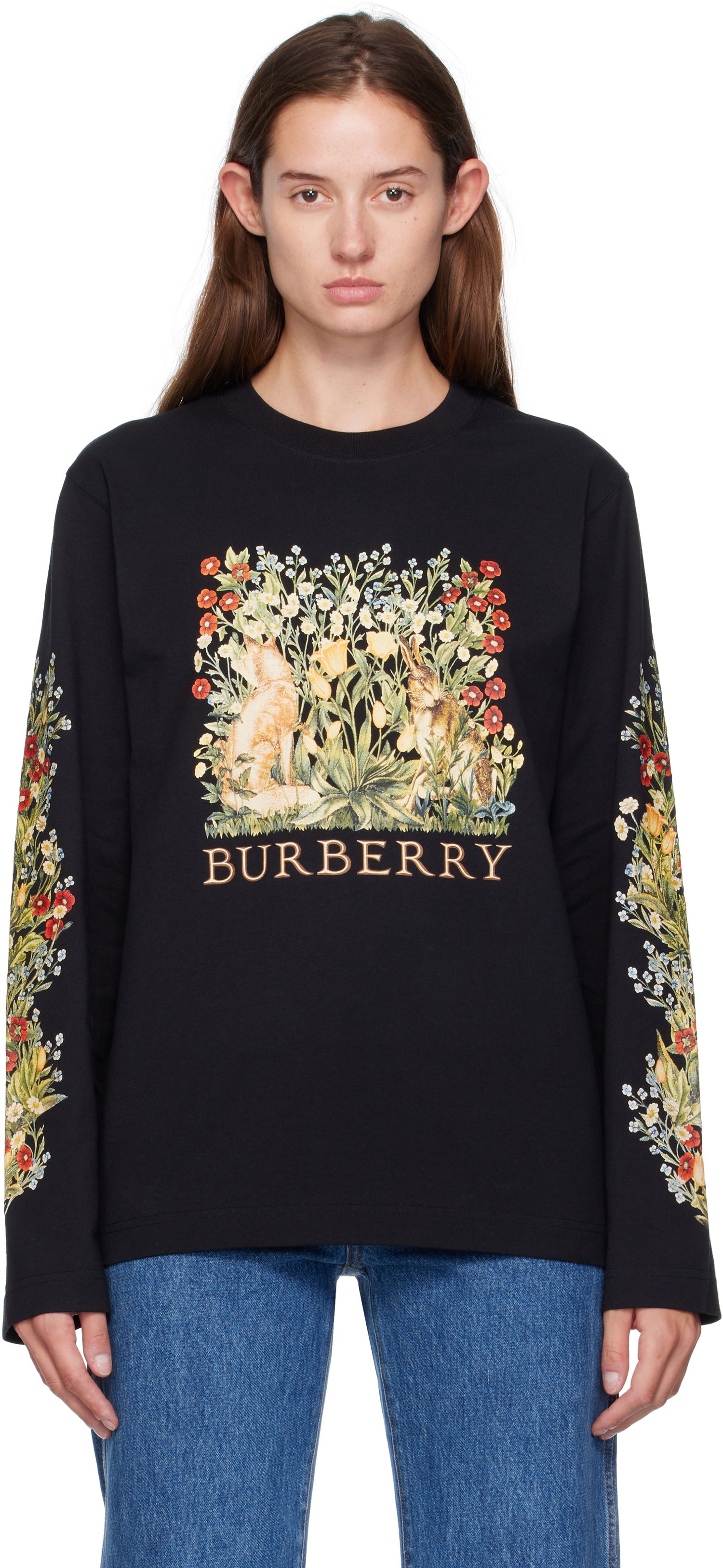 Тениска Burberry Burberry Forest Print Long-Sleeve T-Shirt Черно | 8115847, 0