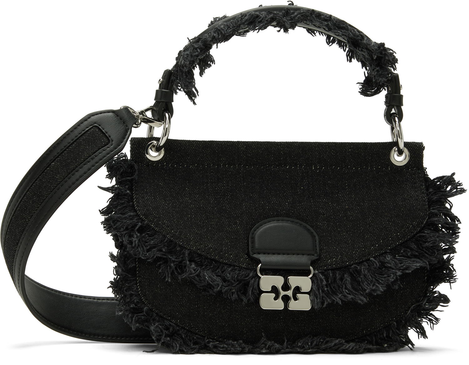 Дамска чанта GANNI Apo-G Mini Top Handle Fringed Denim Bag Черно | A6909, 0