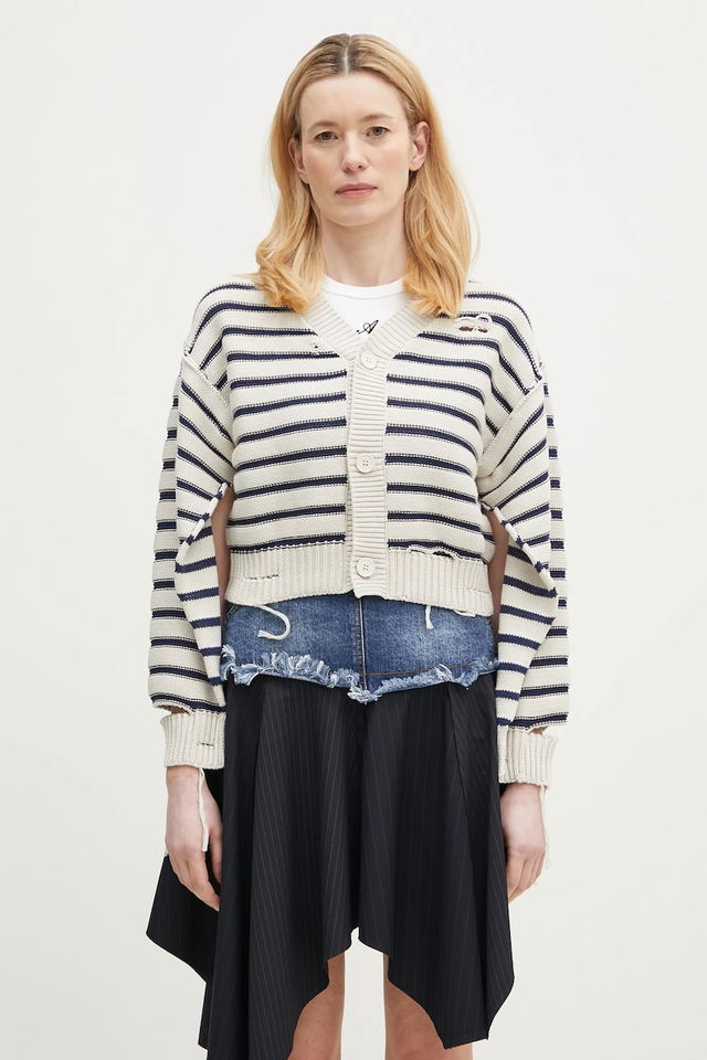 Striped Distressed Cotton Cardigan with Cut-Out Sleeves