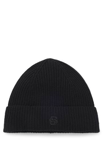 Шапка BOSS Wool-cashmere ribbed beanie hat with Double B monogram Черно | 50557673, 0