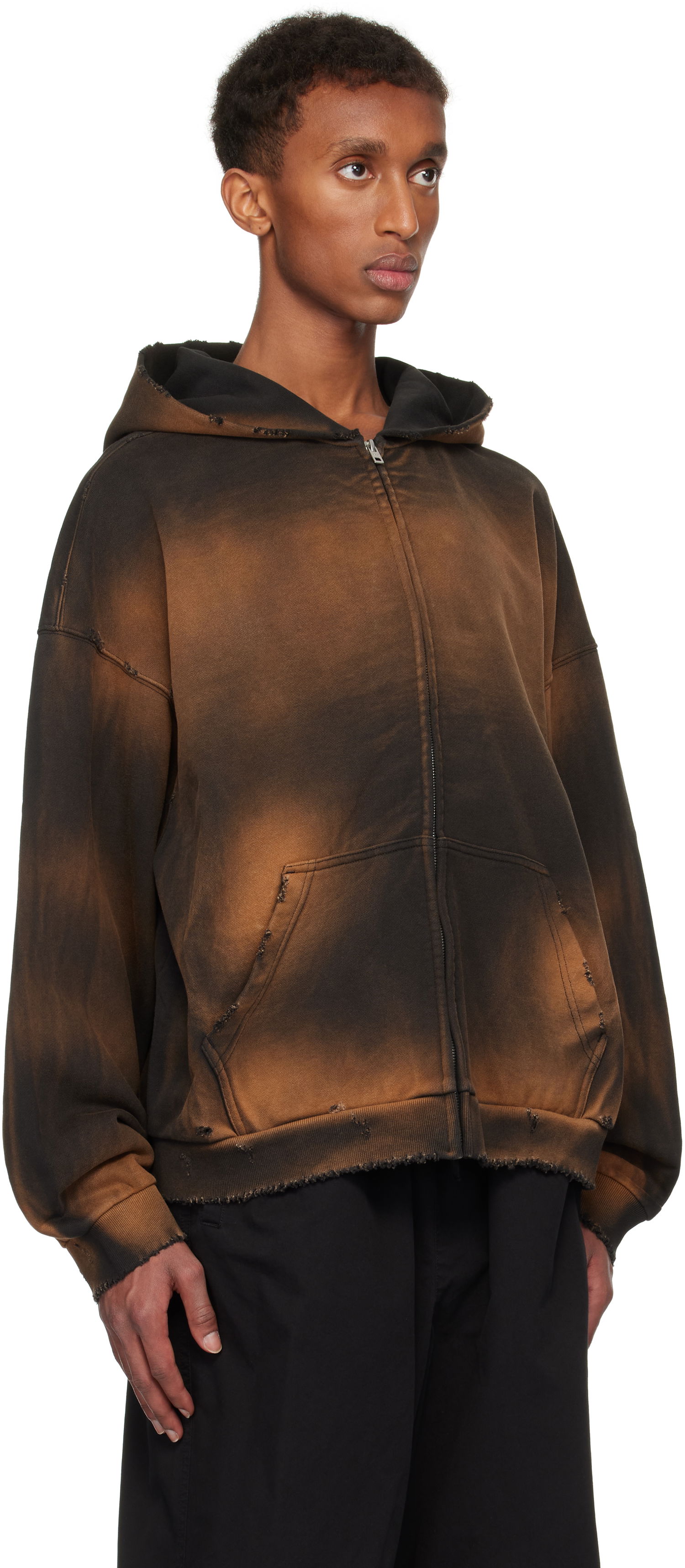 Суитчър We11done We11done Distressed Zip-Up Hoodie Кафяво | WD-TJ3-24-833-U-BK, 1