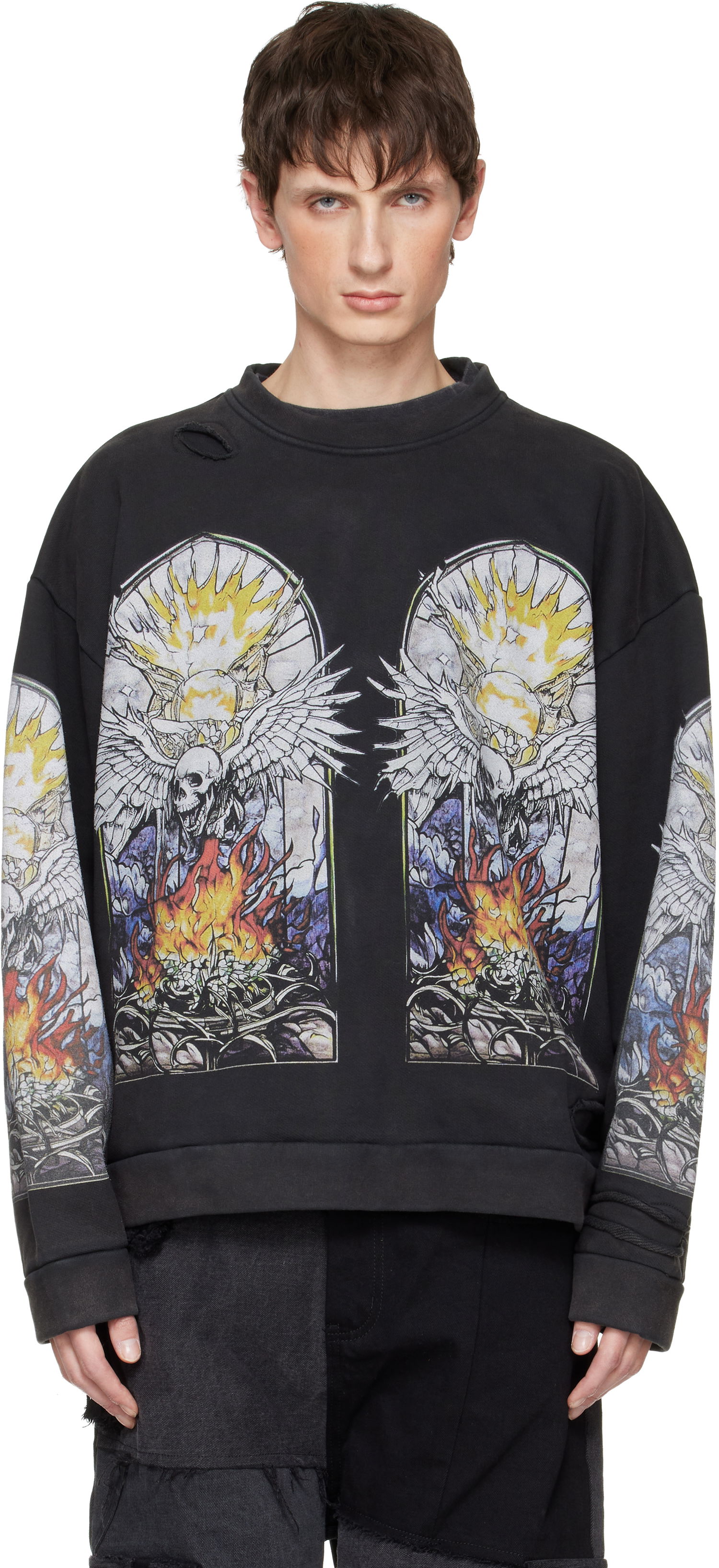 Суитчър Who Decides War Distressed Stained Glass Winged Skull Flame Pullover Sweatshirt Черно | 1110580002FW25, 0