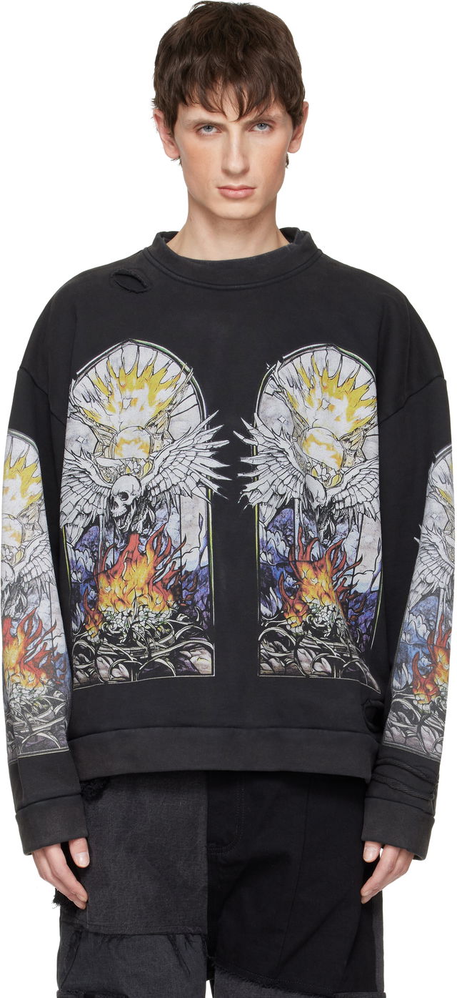 Distressed Stained Glass Winged Skull Flame Pullover Sweatshirt