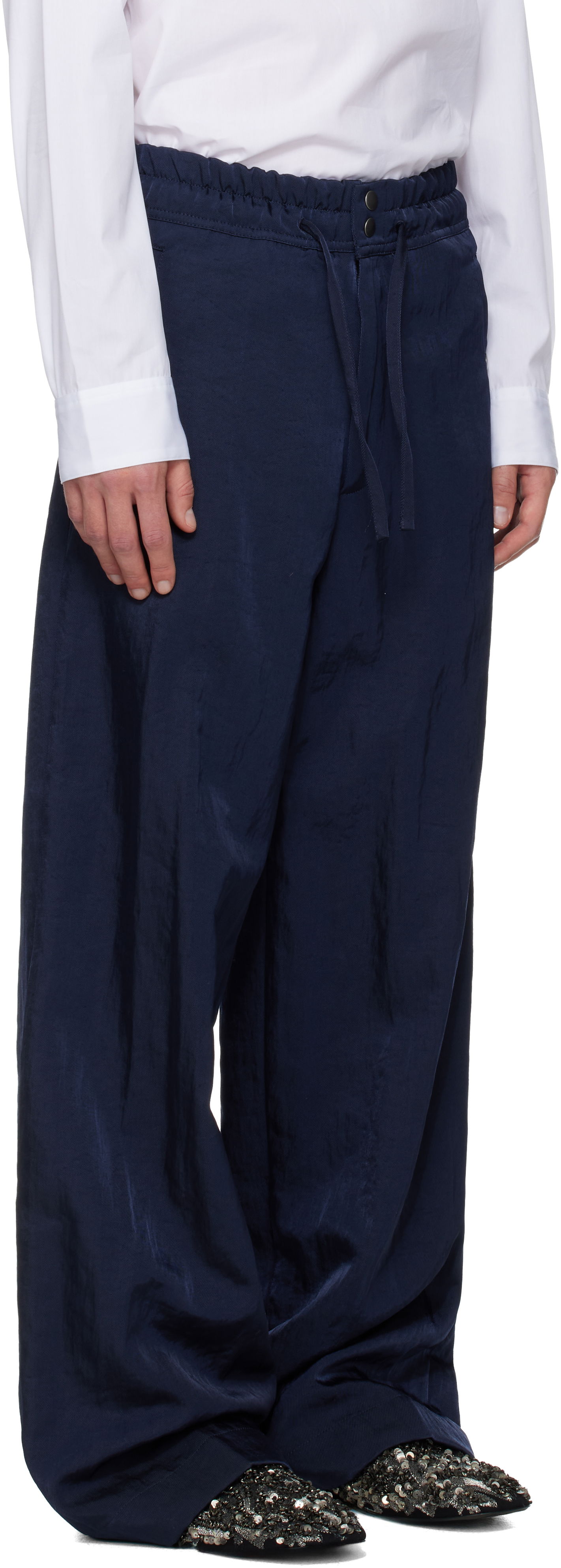 Панталони Dries Van Noten Dries Van Noten Twill Wide-Leg Drawstring Trousers Тъмно синьо | 252-020993-2328, 1