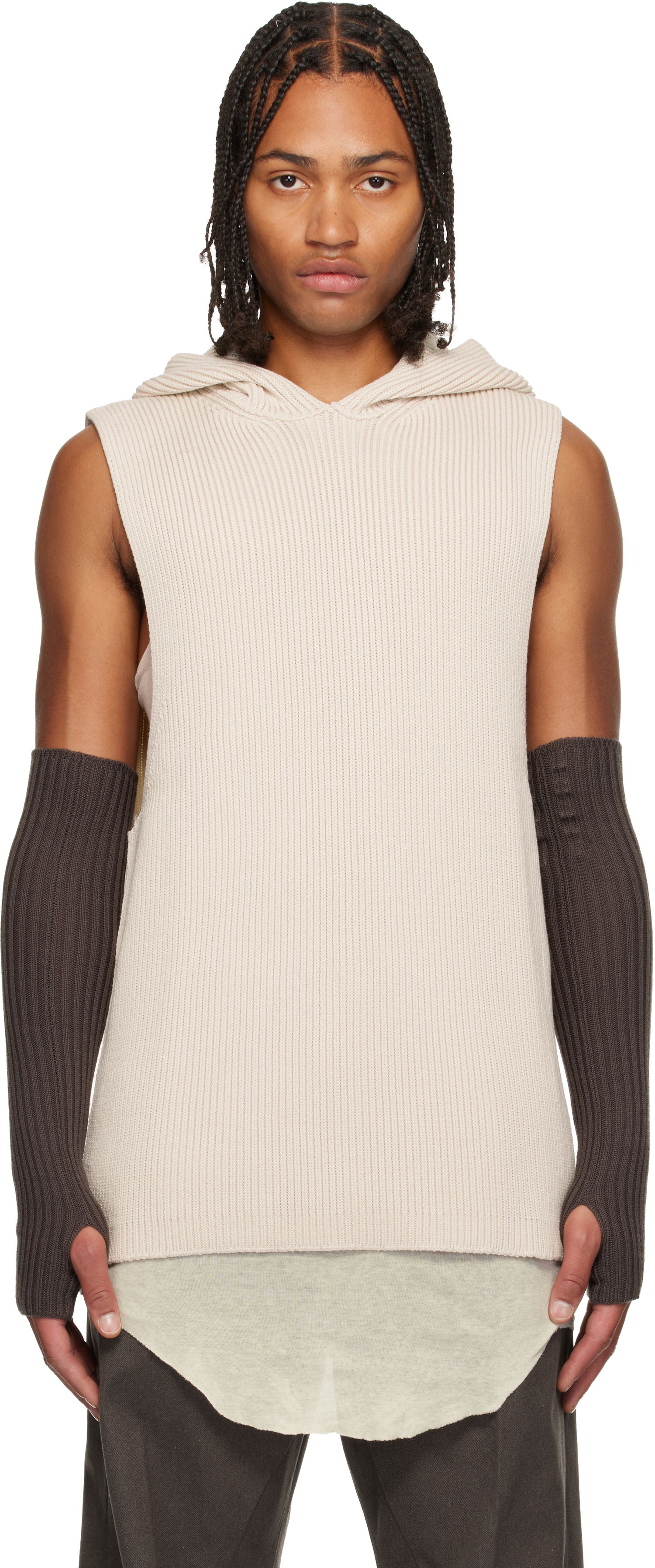Суитчър Rick Owens Rick Owens Ribbed Sleeveless Hoodie with Arm Sleeves Бежово | RR02E1680 KWVH, 0