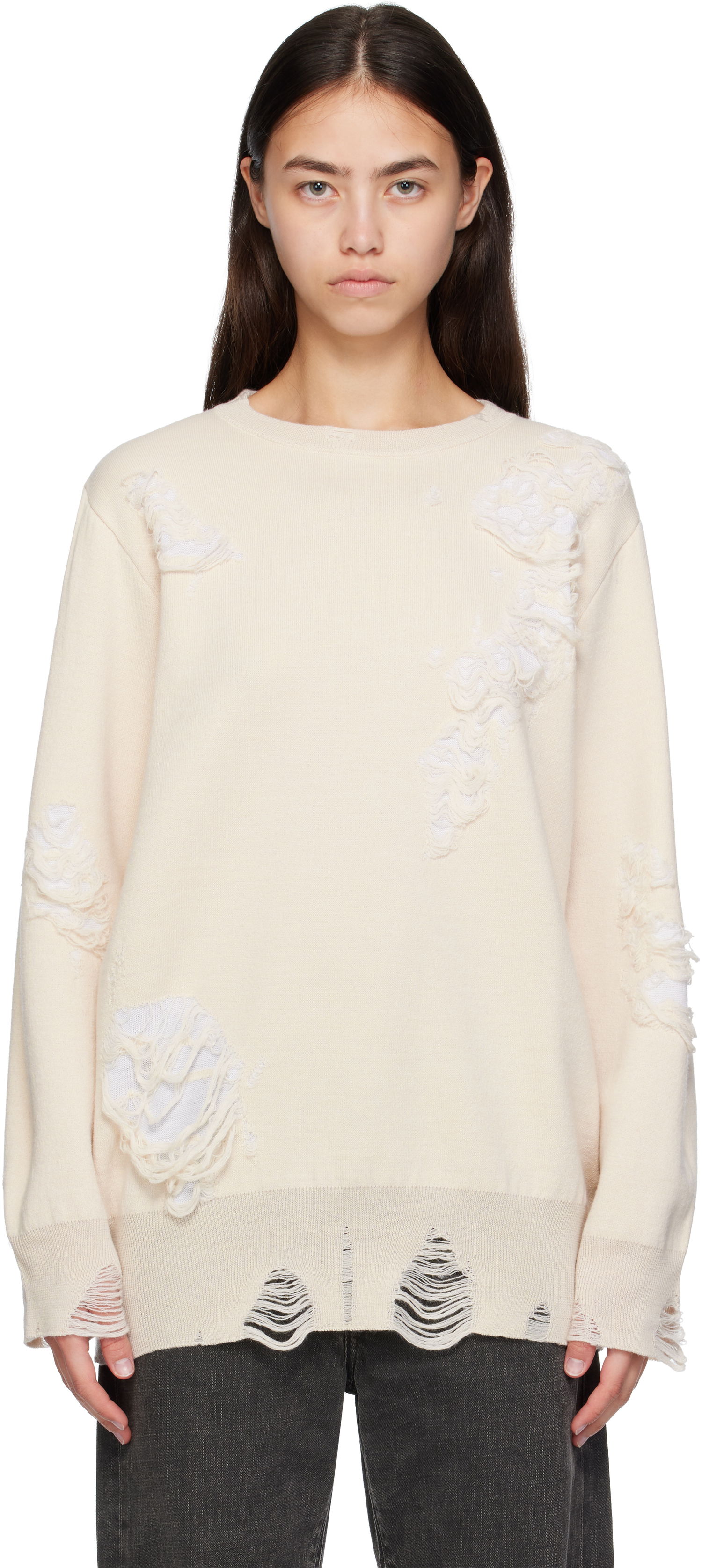 Пуловер Maison Margiela MM6 Maison Margiela Double-Faced Distressed Sweater Бежово | S52HL0046 M13131, 0