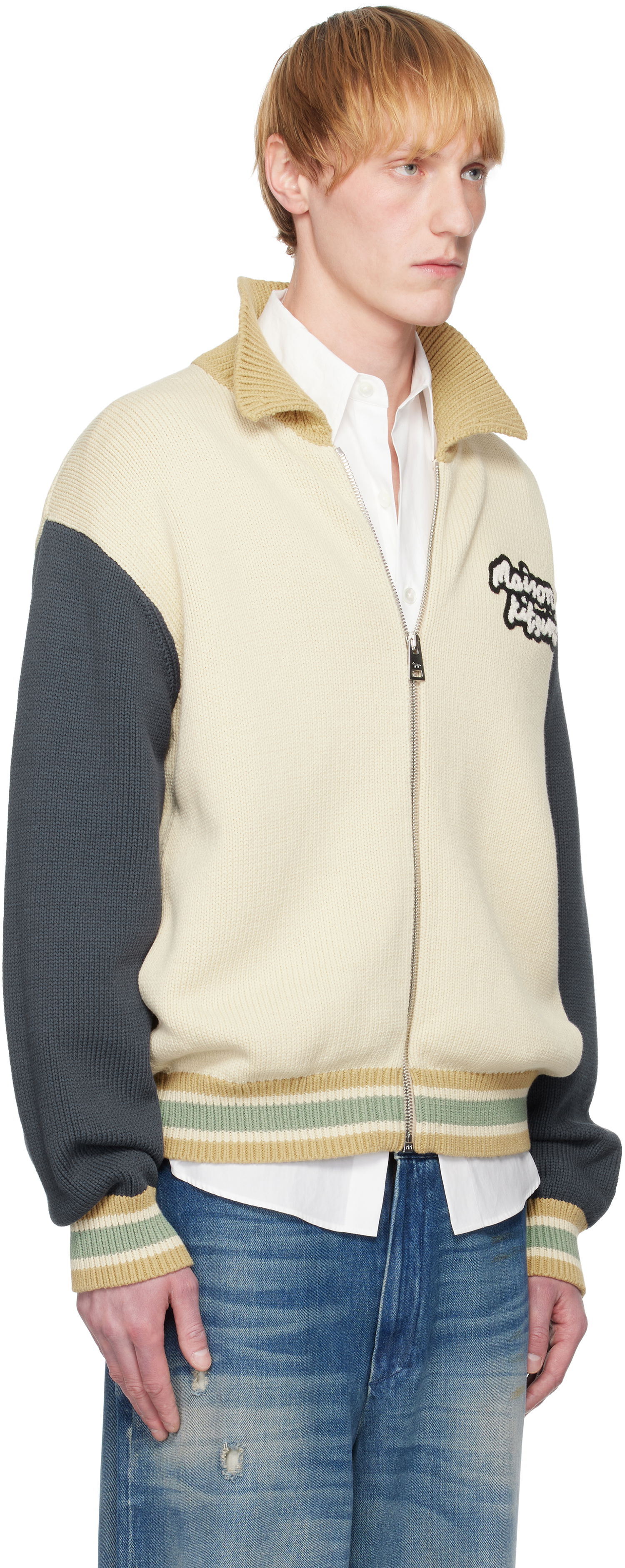 Пуловер MAISON KITSUNÉ Maison Kitsuné Knitted College Bomber Jacket Бежово | OM02131KT1139, 1