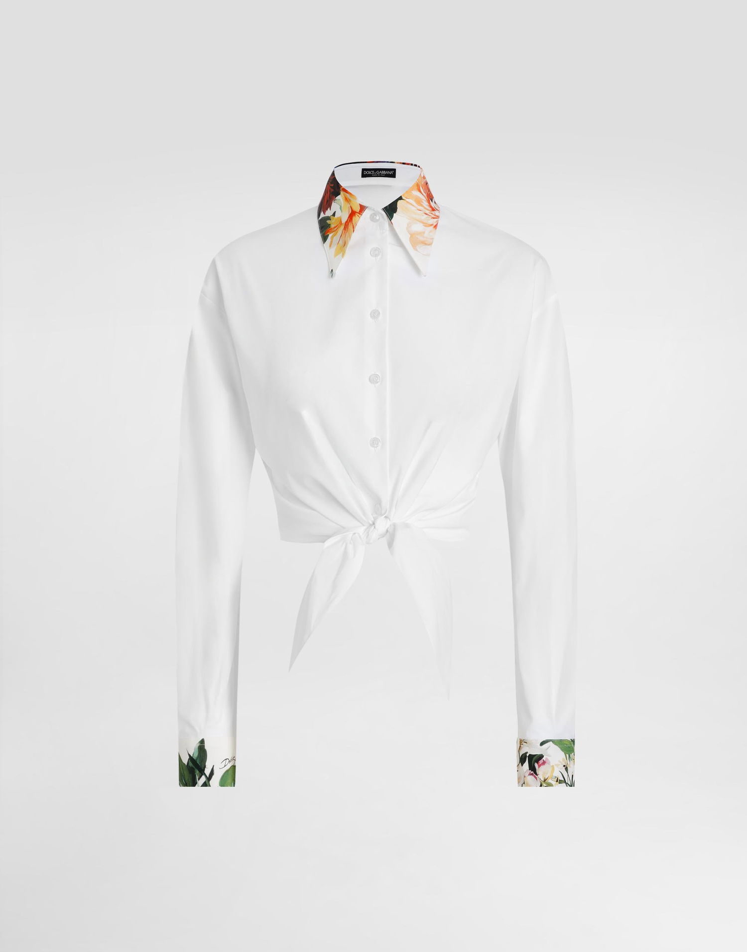 Риза Dolce & Gabbana Dolce & Gabbana Bouquet-Print Tie-Front Poplin Shirt Бяло | F5S65TGDDCNW0800, 0