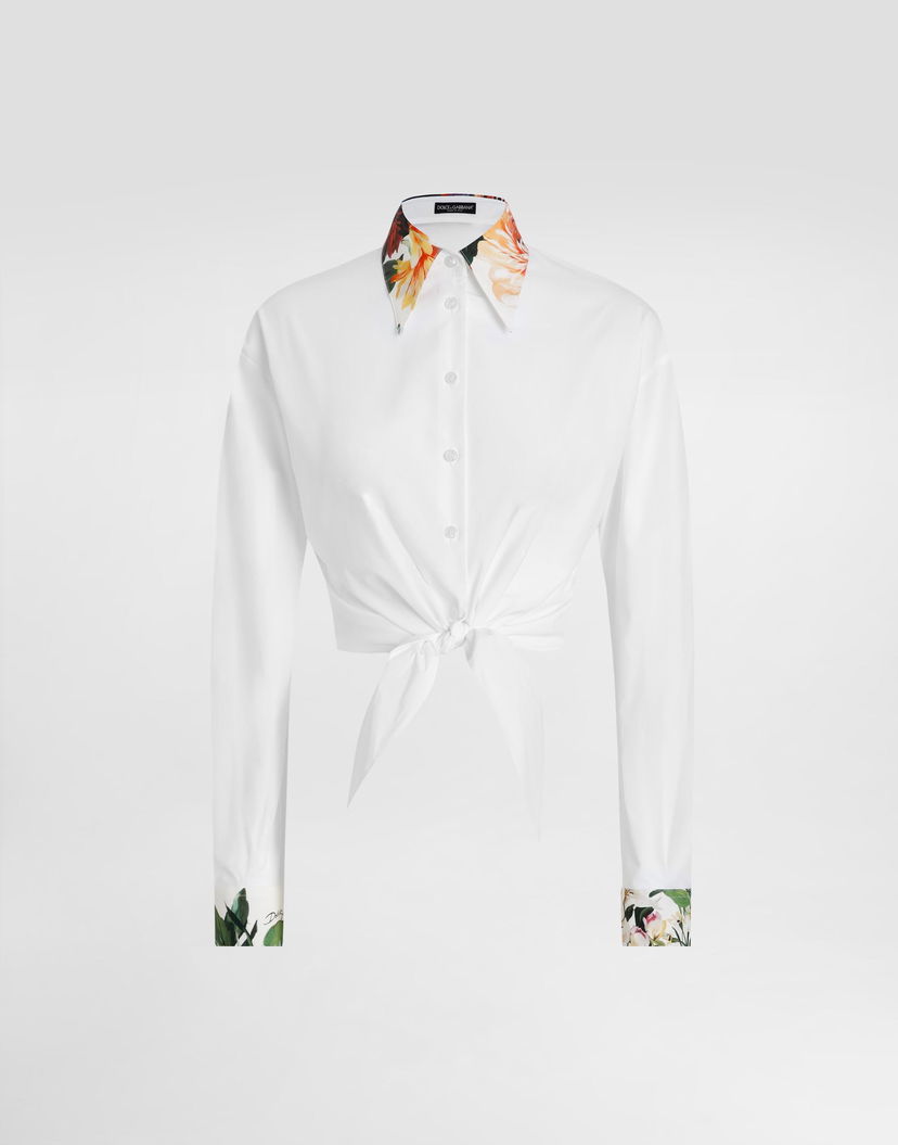Риза Dolce & Gabbana Dolce & Gabbana Bouquet-Print Tie-Front Poplin Shirt Бяло | F5S65TGDDCNW0800