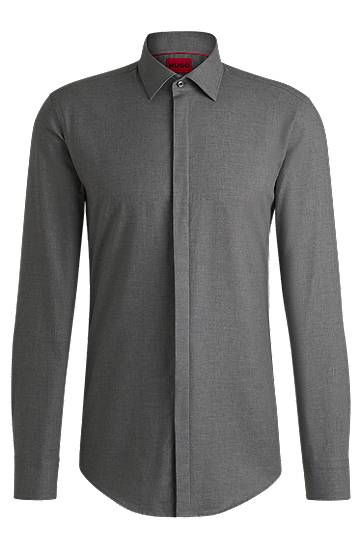 Риза BOSS Slim-Fit Melange Cotton Shirt Сиво | 50534882, 0