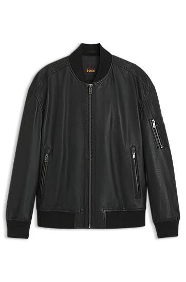 Яке бомбър BOSS Leather Bomber Jacket with Sleeve Pocket and Ribbed Trims Черно | 50552151, 0