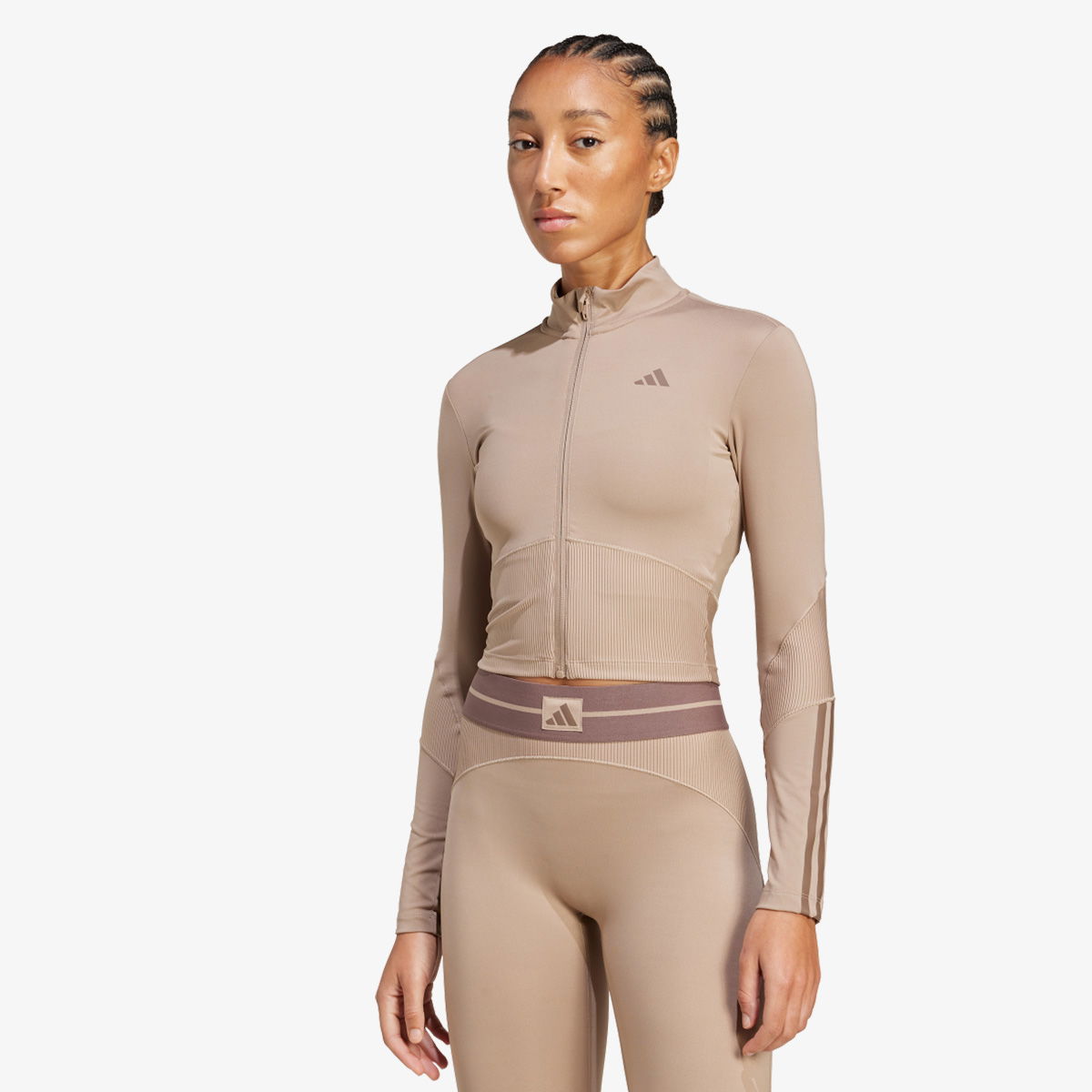 Съкратен топ adidas Performance Hyperglam Rib Zip Thru Top Бежово | JY2093, 1