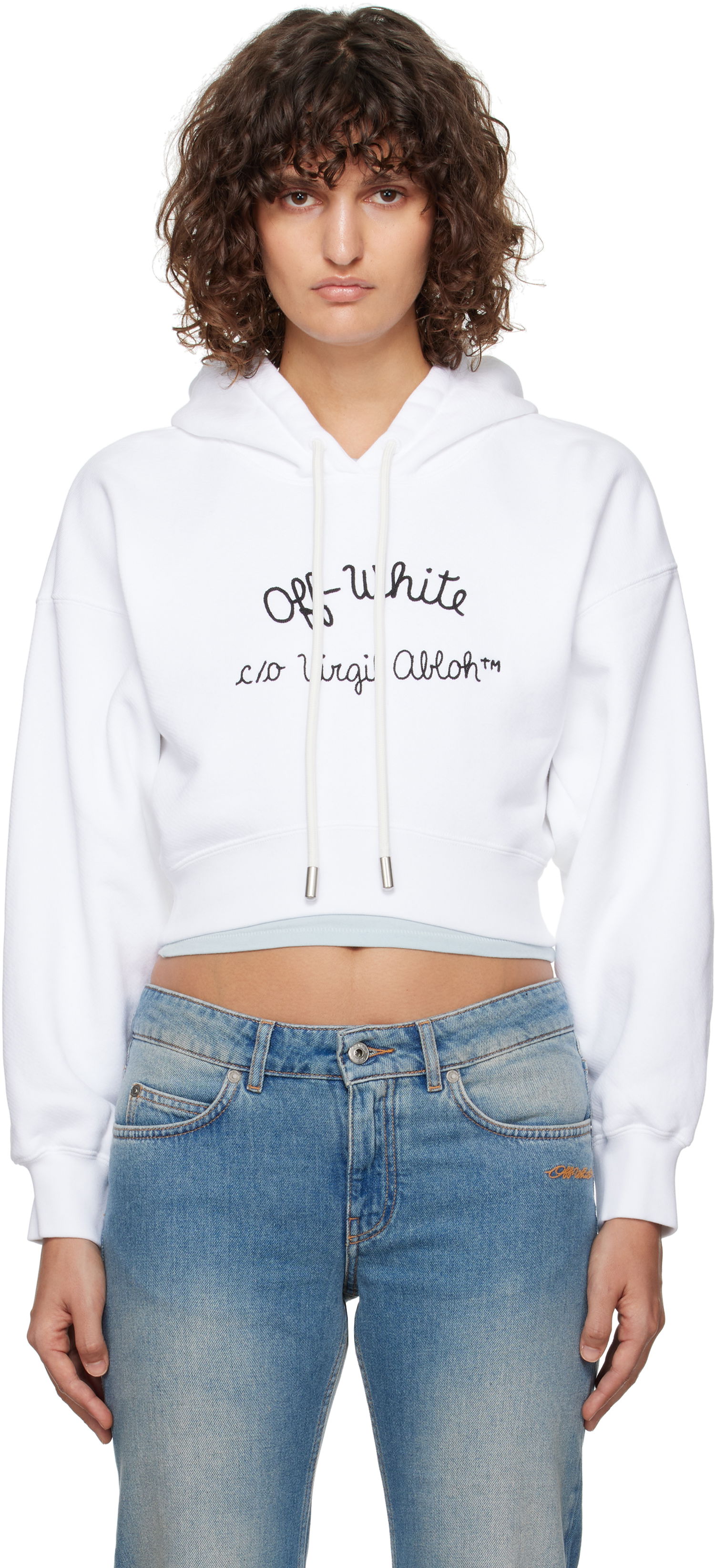 Суитчър Off-White Embroidered Script Logo Cropped Hoodie Бяло | OWBB056F24FLE0030110, 0