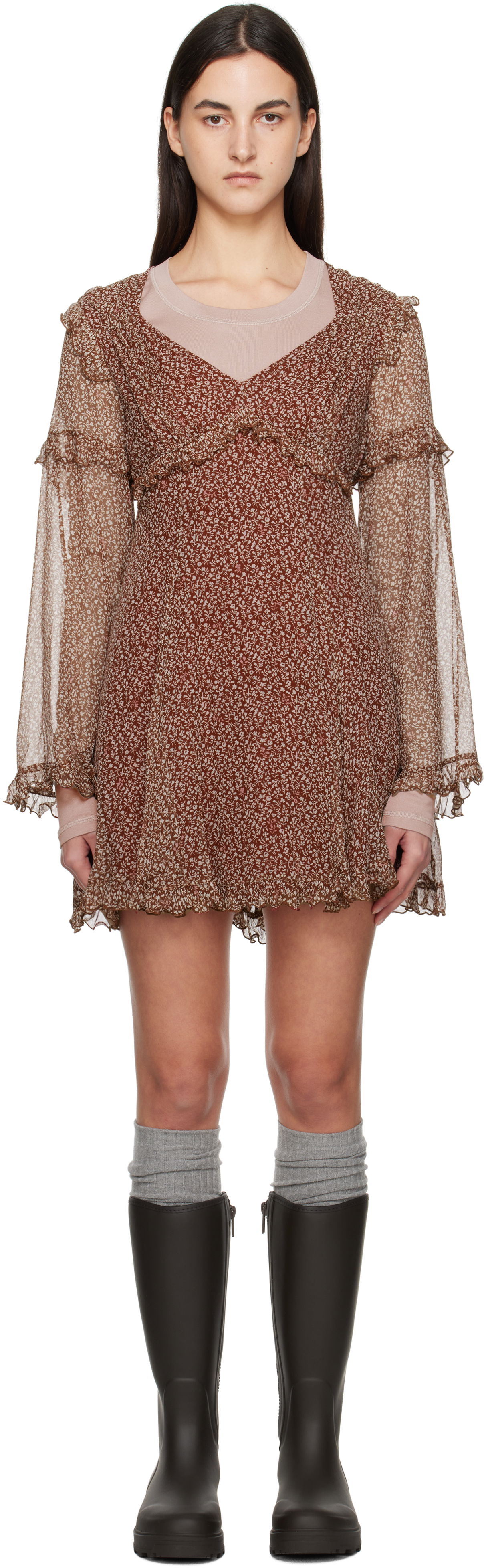Pокля Max Mara Weekend Floral Print Ruffle Mini Dress Кафяво | 2425226013600, 0
