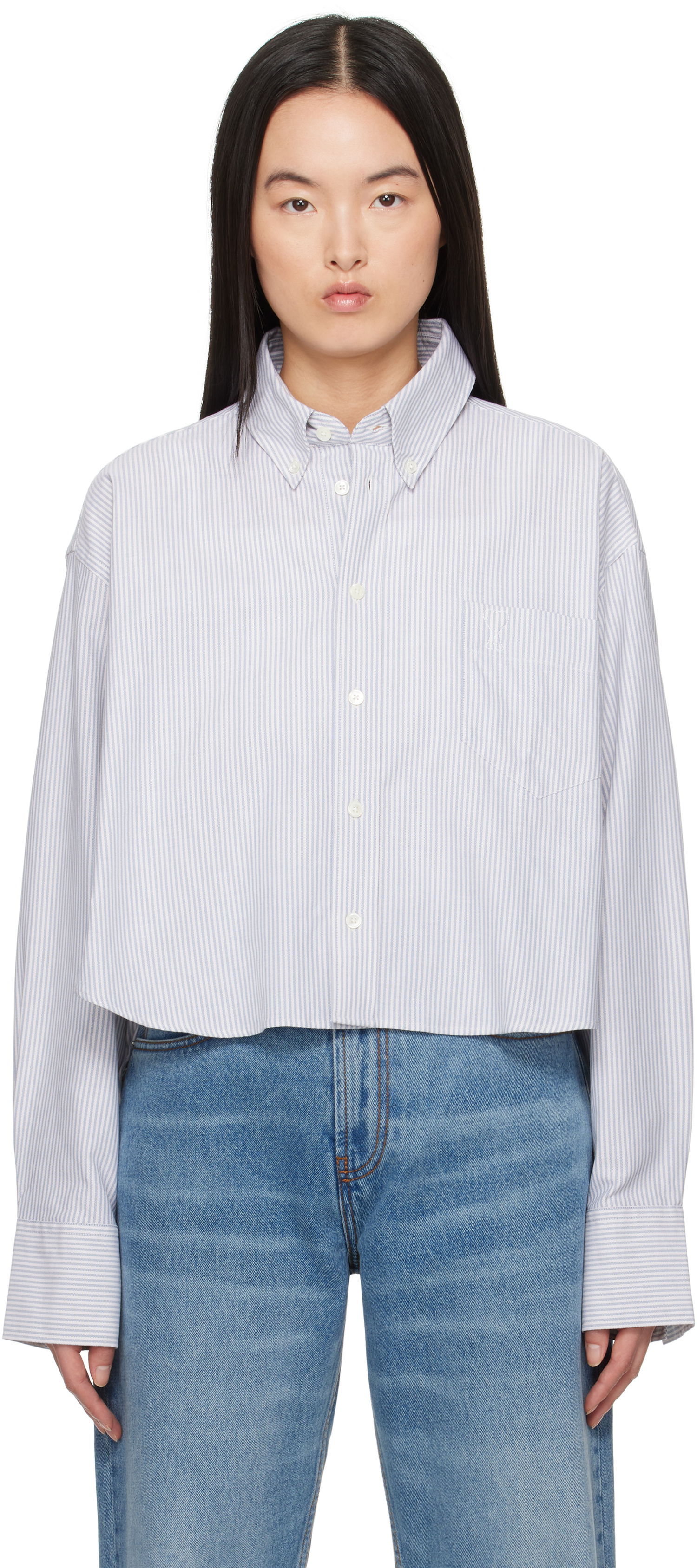 Риза AMI Cotton Cropped Oversized Striped Button-Down Shirt Синьо | USH123.CO0087, 0