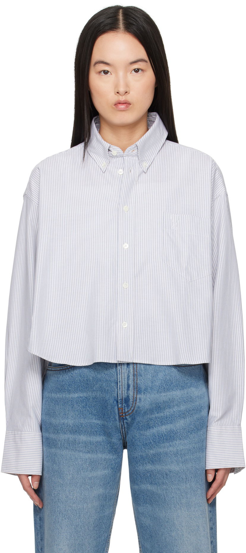 Риза AMI Cotton Cropped Oversized Striped Button-Down Shirt Синьо | USH123.CO0087