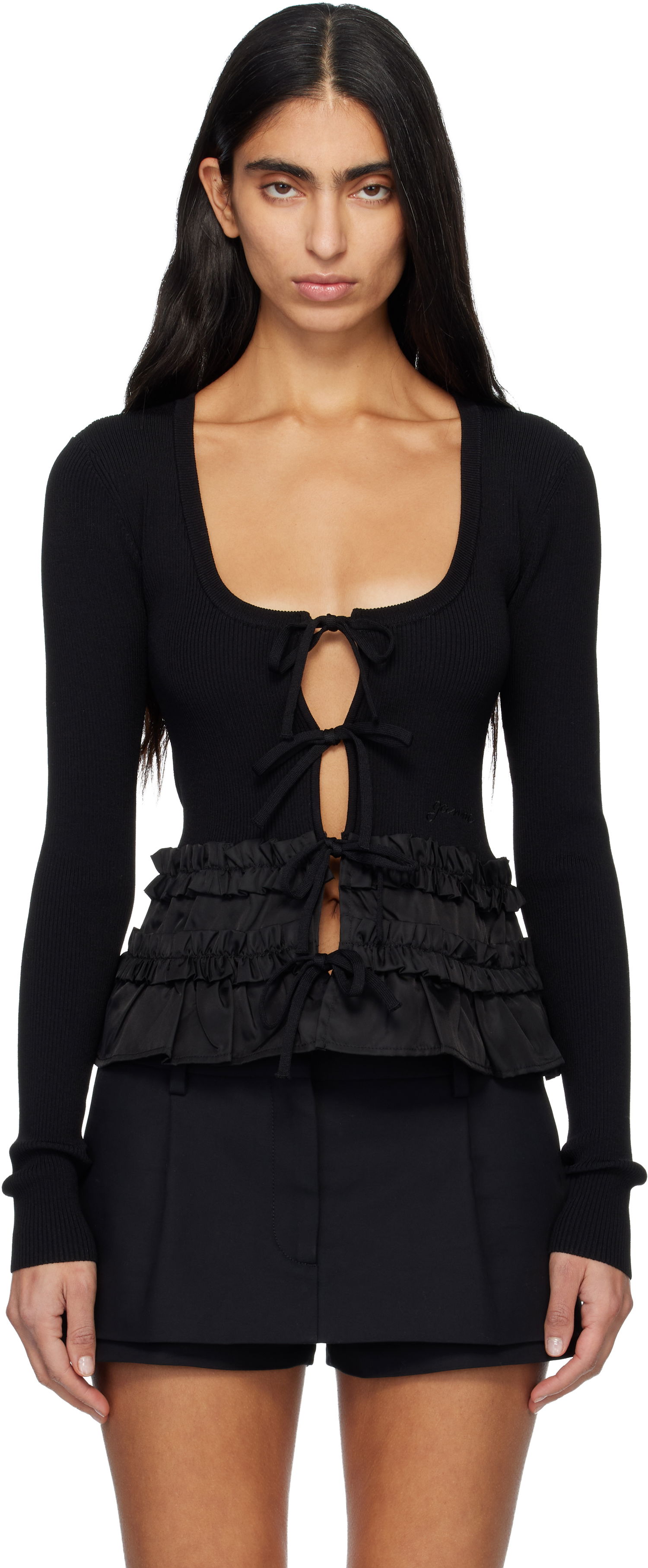 Пуловер GANNI Ribbed Tie-Front Ruffled Knit Cardigan Черно | K2510, 0