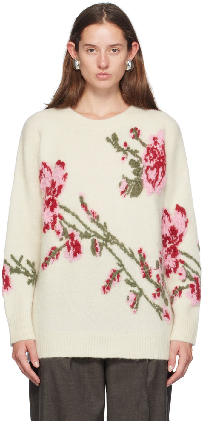 Пуловер Blumarine Blumarine Jacquard Rose Crewneck Sweater Бяло | A422M490A