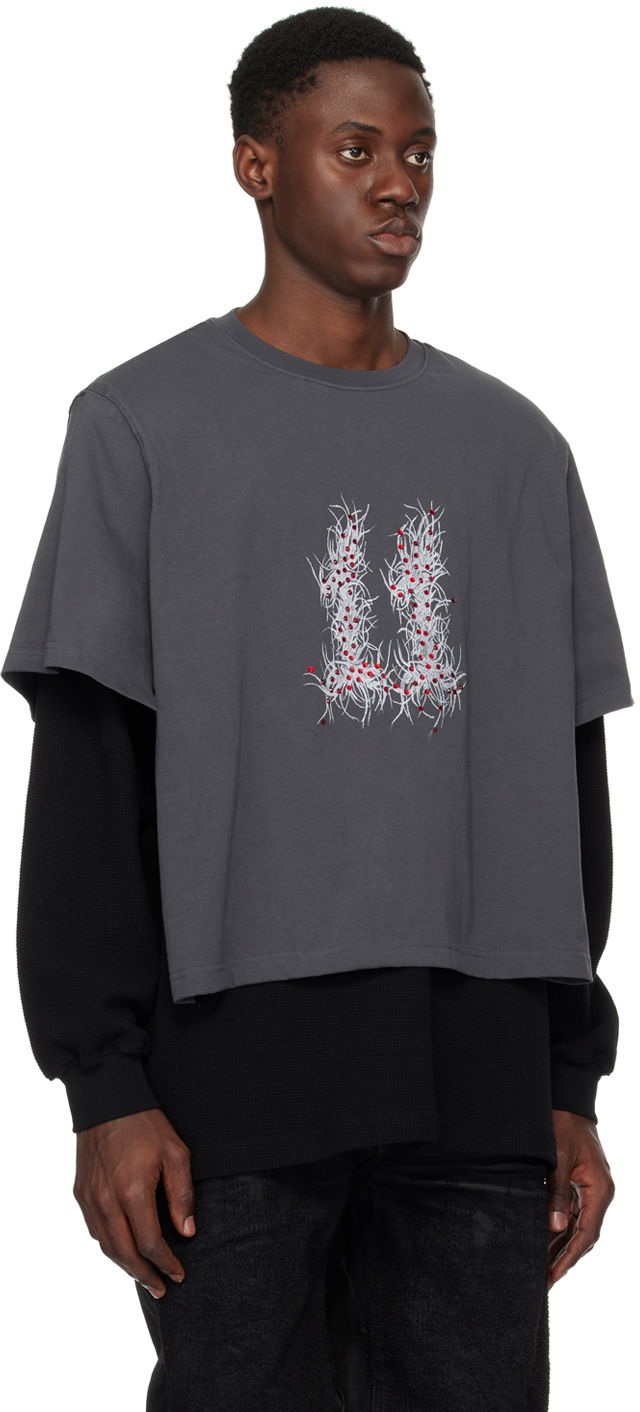 Тениска We11done We11done Layered Long Sleeve Graphic T-Shirt Сиво | WD-TT1-24-850-U-GY, 1