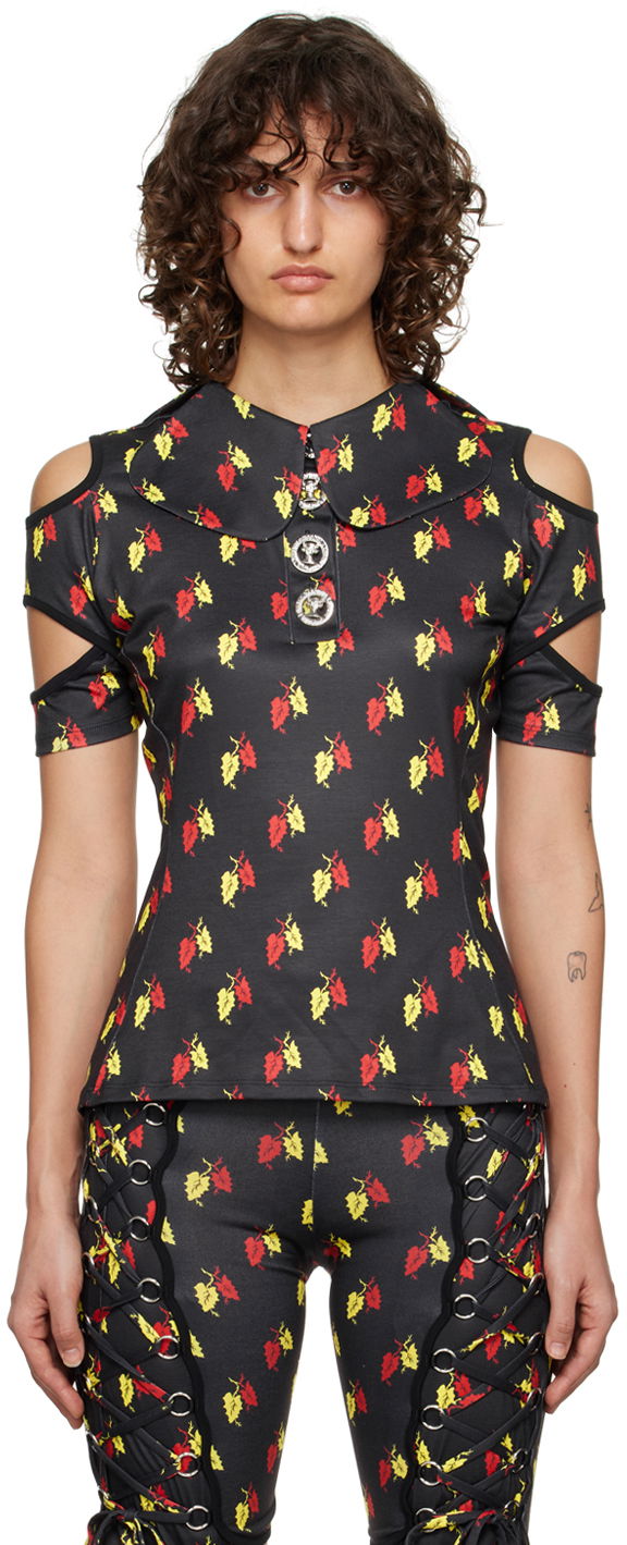Поло тениска Chopova Lowena Leaf Print Cut-Out Polo Черно | 2162, 0